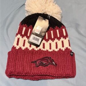 Red and White Knit Beanie with Pom Pom